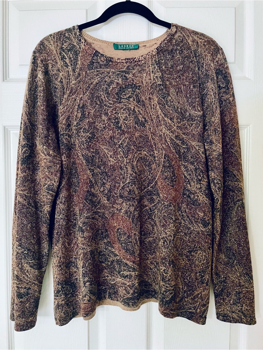 EUC Lauren Ralph Lauren Metallic Paisley Sweater Silk Cashmere Blend Shimmer